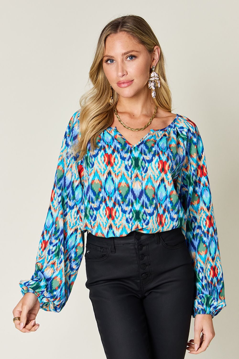 Double Take Full Size Printed Balloon Sleeve Blouse Trendsi