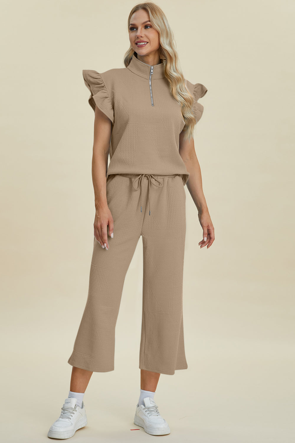 Double Take Full Size Texture Ruffle Short Sleeve Top and Wide Leg Pants Set Trendsi