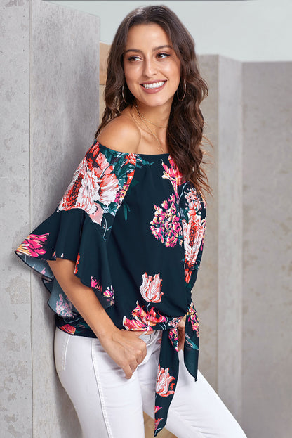 Navy Off Shoulder Floral Tie Front High Low Chiffon Blouse Teal Demeter