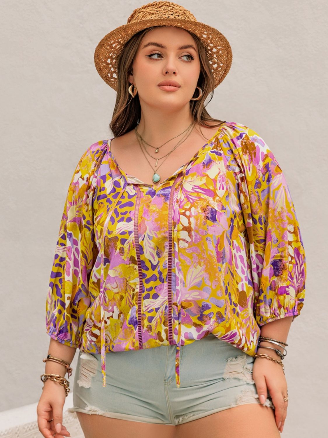 Plus Size Printed Tie Neck Blouse Trendsi