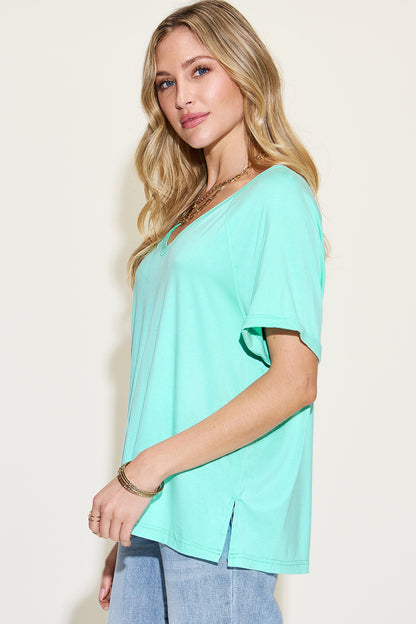 Basic Bae Full Size Bamboo Slit V-Neck Short Sleeve T-Shirt Trendsi