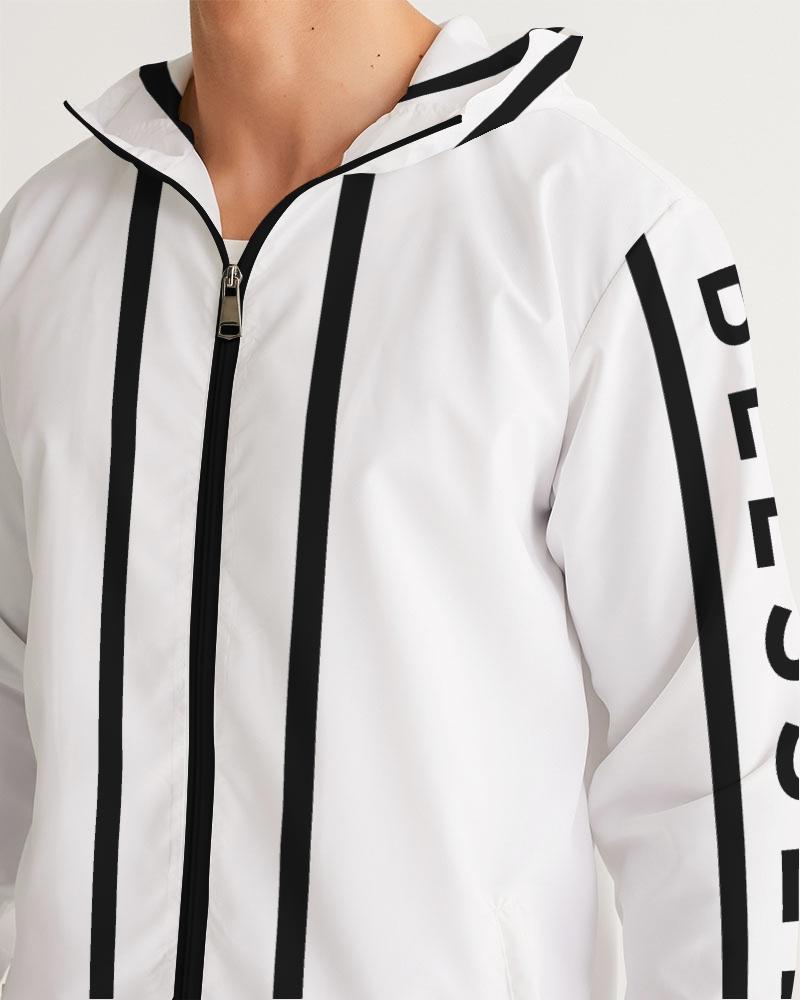 Mens Hooded Windbreaker - Blessed Sleeve Stripe White Water Resistant Grey Coco