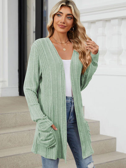 Pocketed Open Front Long Sleeve Cardigan Trendsi