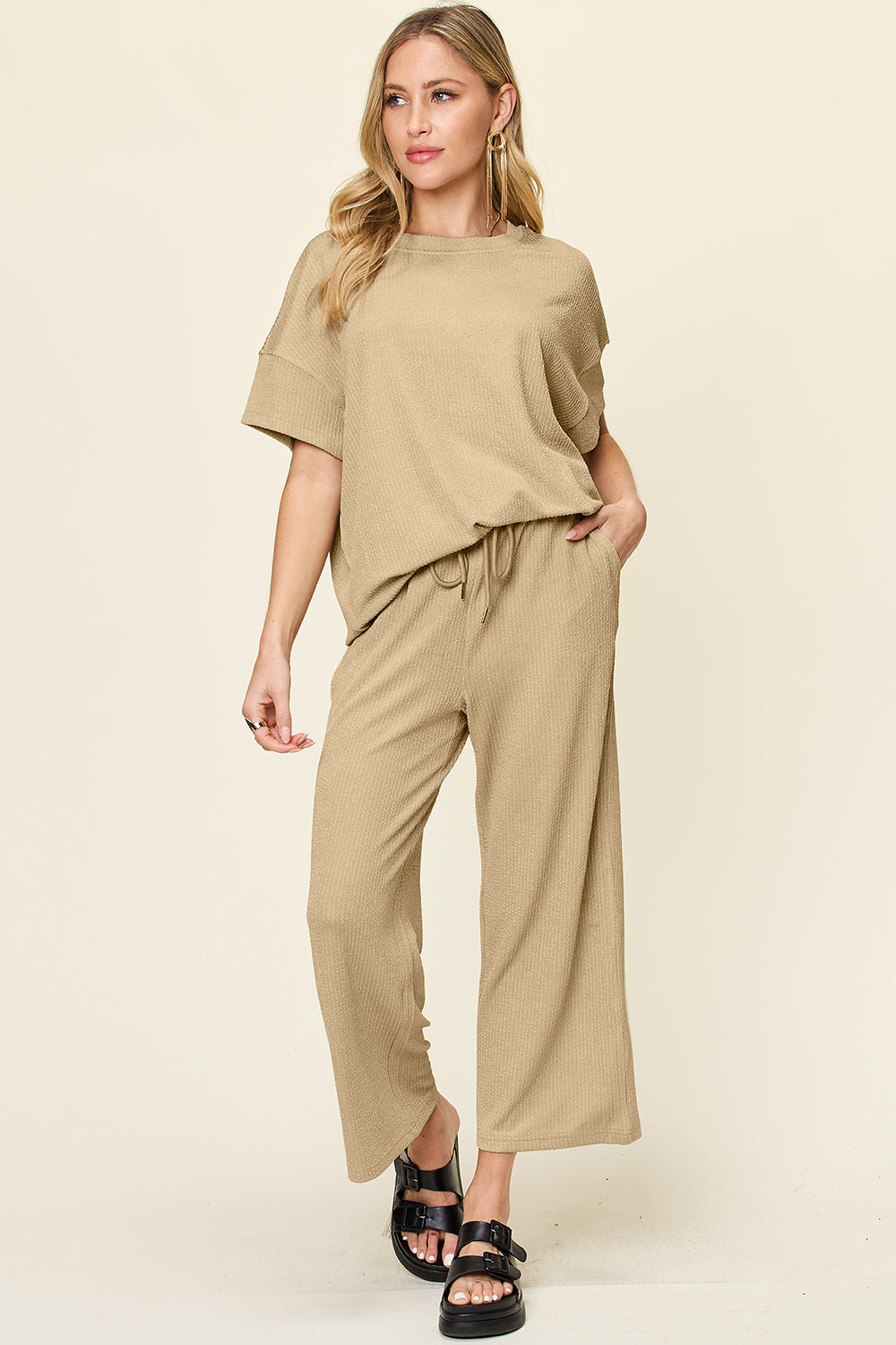 Double Take Full Size Texture Round Neck Short Sleeve T-Shirt and Wide Leg Pants Trendsi