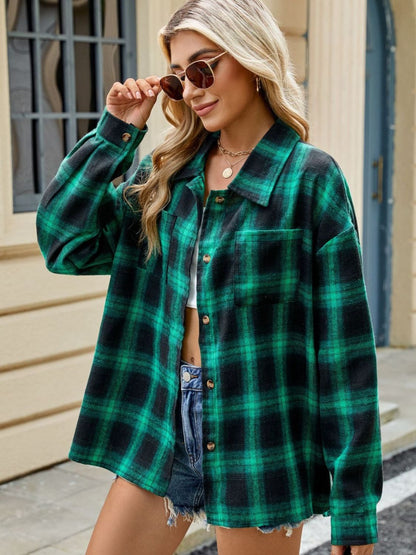 Plaid Collared Neck Long Sleeve Shirt Trendsi