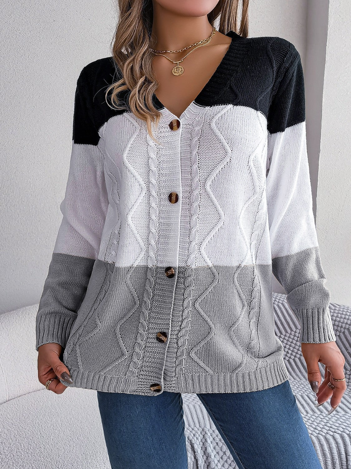 Cable-Knit Striped Button Up Cardigan Trendsi