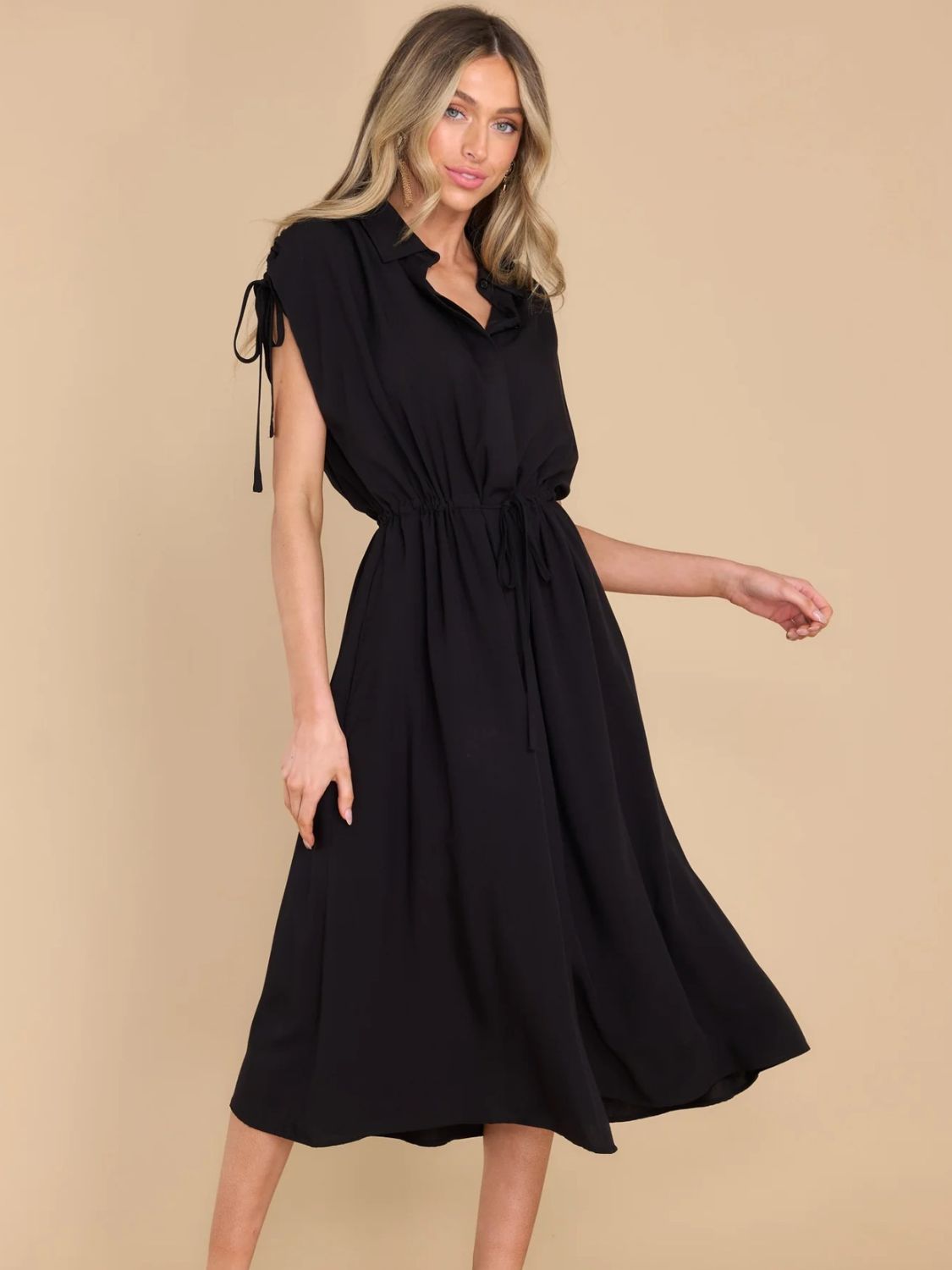 Drawstring Collared Neck Short Sleeve Midi Dress Trendsi