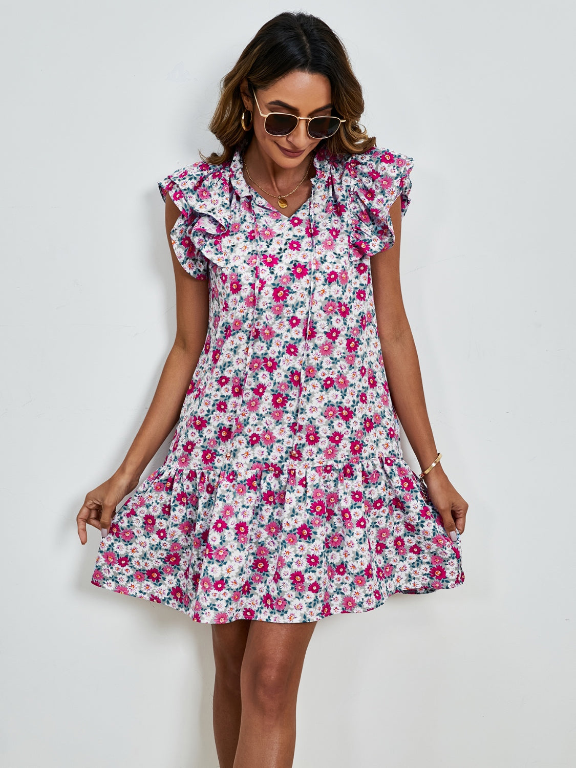 Tied Floral Cap Sleeve Mini Dress Trendsi