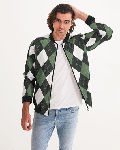 Bomber Jacket for Men, Green and White Tartan Plaid Pattern Grey Coco