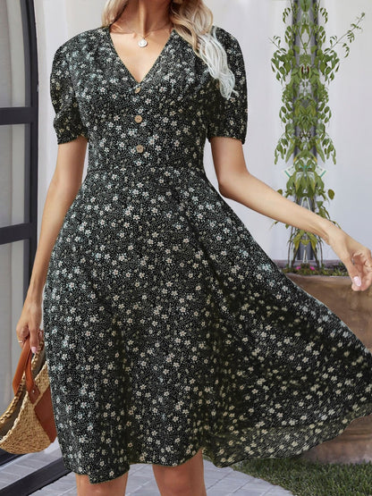 Printed V-Neck Short Sleeve Dress Trendsi