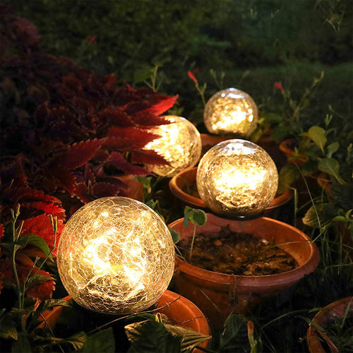 2Pcs Solar Lights Outdoor Garden Decor Cracked Glass Ball Warm Lights Pink Iolaus