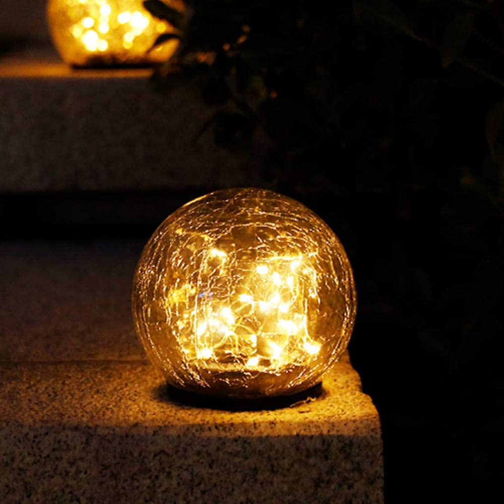 2Pcs Solar Lights Outdoor Garden Decor Cracked Glass Ball Warm Lights Pink Iolaus