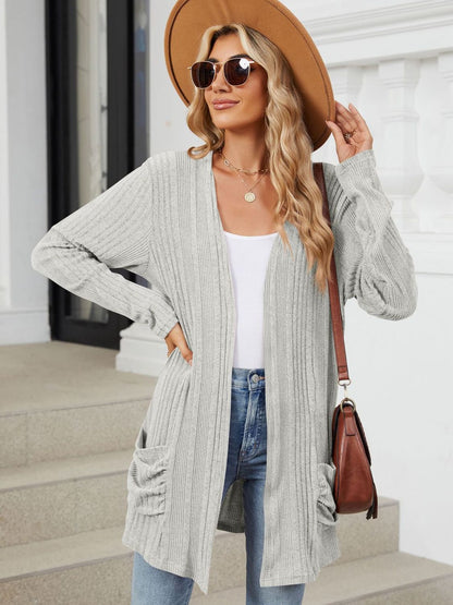 Pocketed Open Front Long Sleeve Cardigan Trendsi