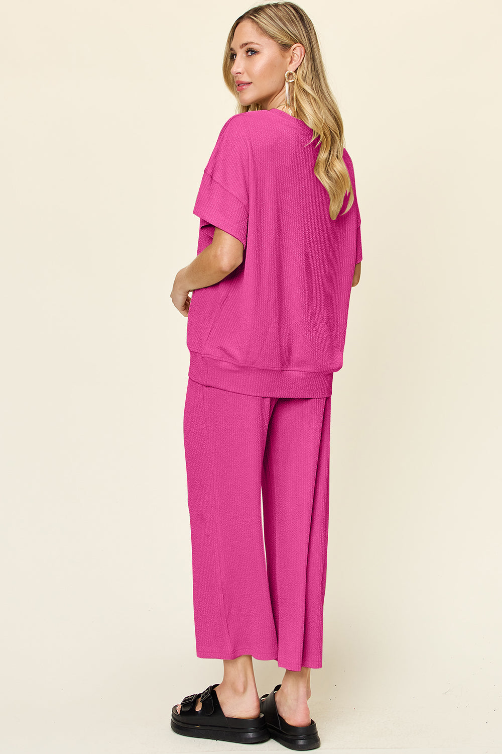 Double Take Full Size Texture Round Neck Short Sleeve T-Shirt and Wide Leg Pants Trendsi