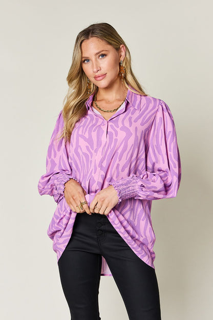 Double Take Full Size Printed Smocked Long Sleeve Blouse Trendsi