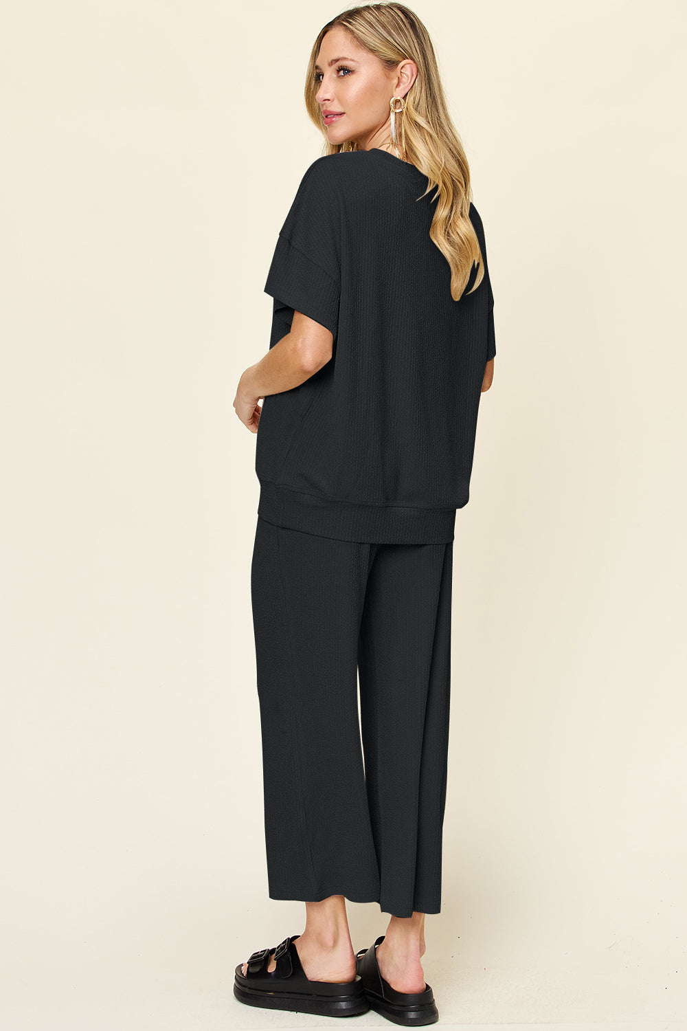 Double Take Full Size Texture Round Neck Short Sleeve T-Shirt and Wide Leg Pants Trendsi