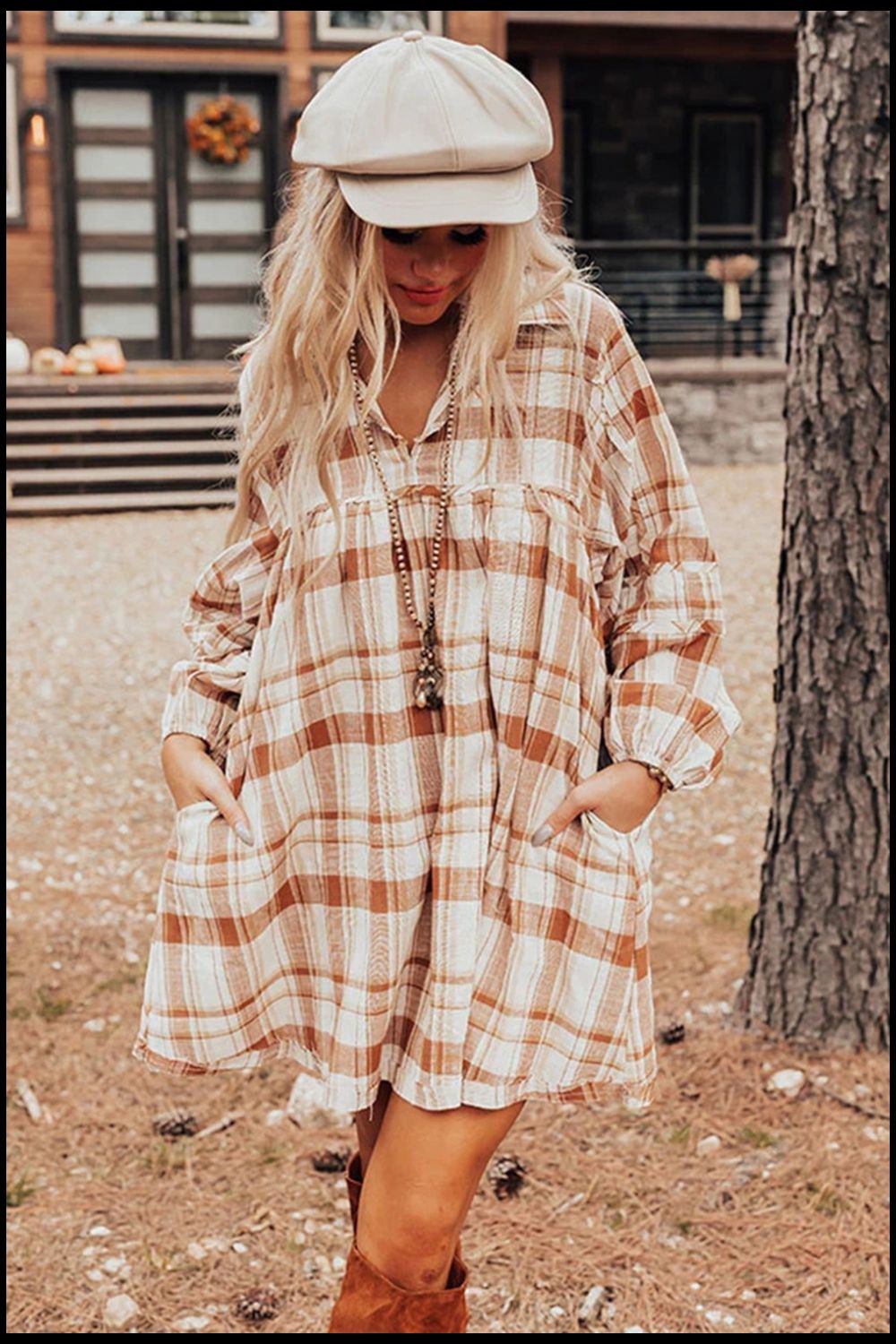 Plaid Collared Neck Long Sleeve Mini Shirt Dress Trendsi