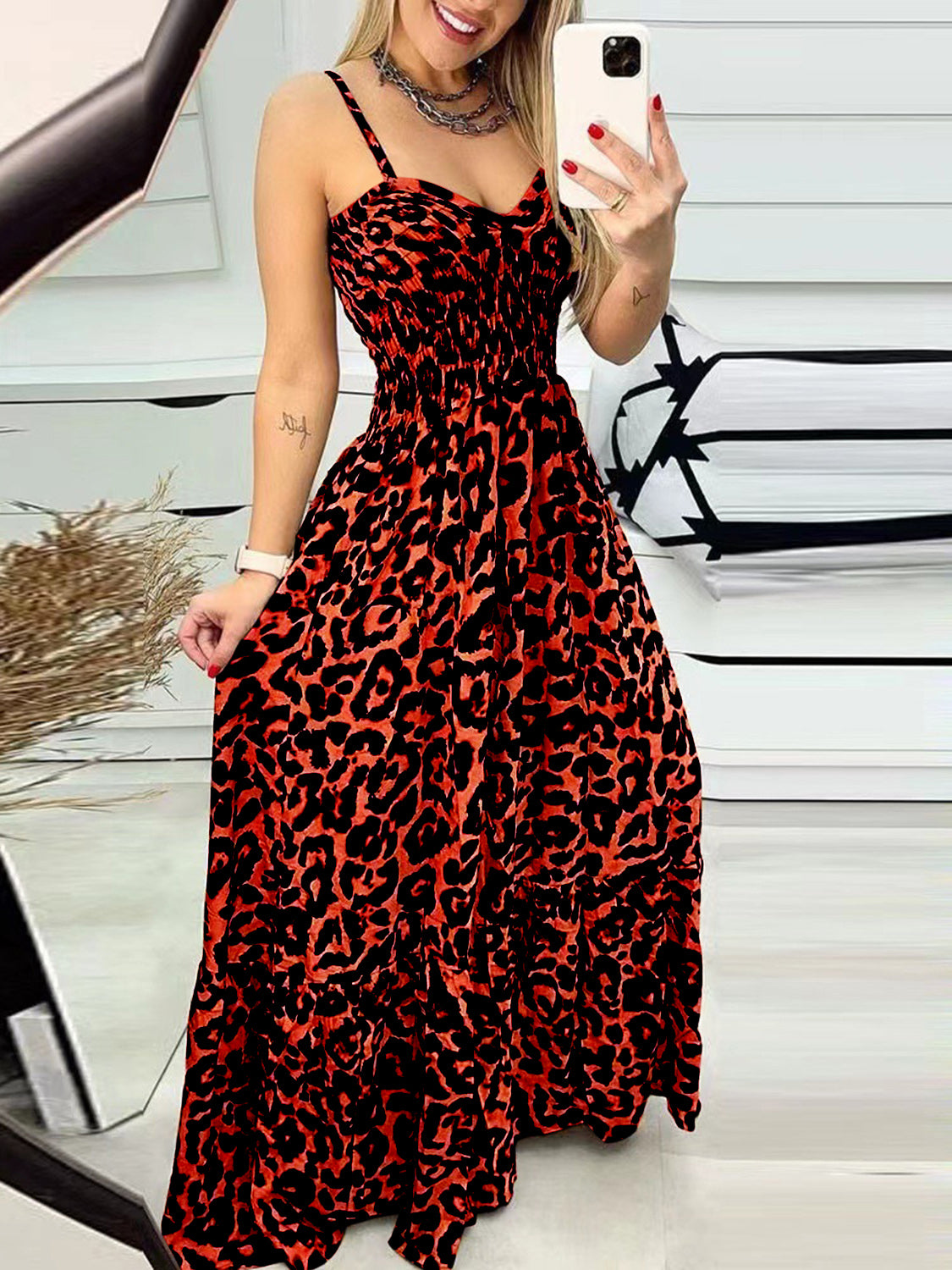 Leopard Sweetheart Neck Cami Dress Trendsi