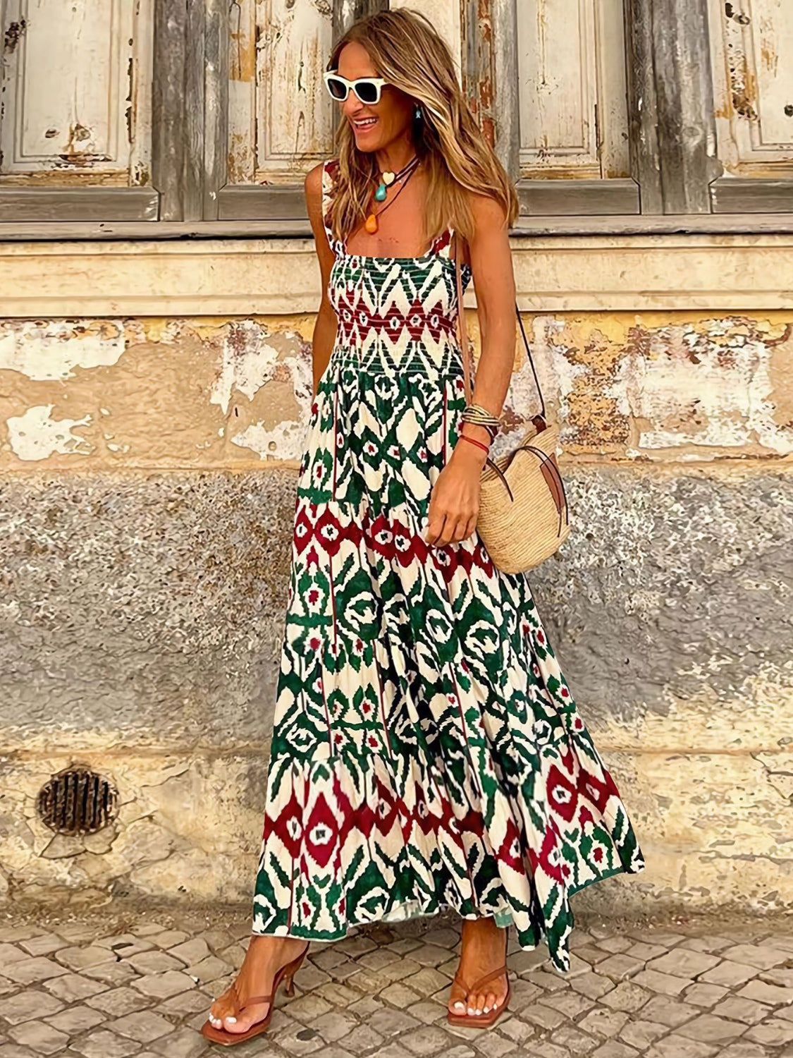 Smocked Printed Square Neck Sleeveless Dress Trendsi