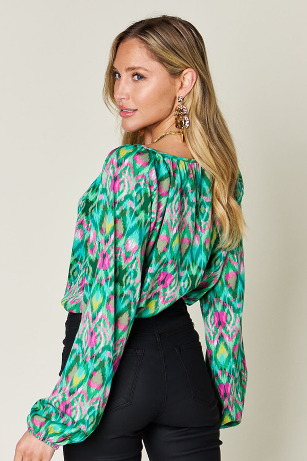 Double Take Full Size Printed Balloon Sleeve Blouse Trendsi