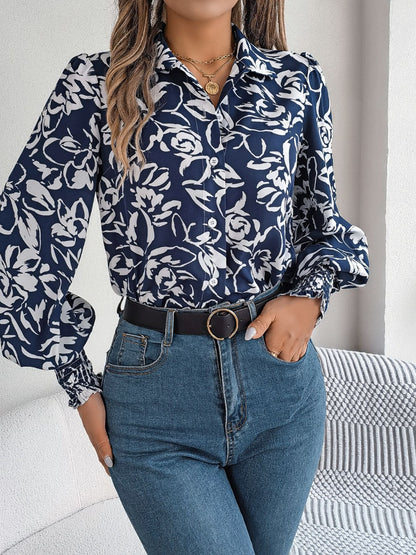 Printed Collared Neck Lantern Sleeve Shirt Trendsi