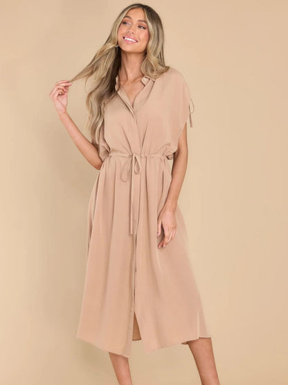 Drawstring Collared Neck Short Sleeve Midi Dress Trendsi