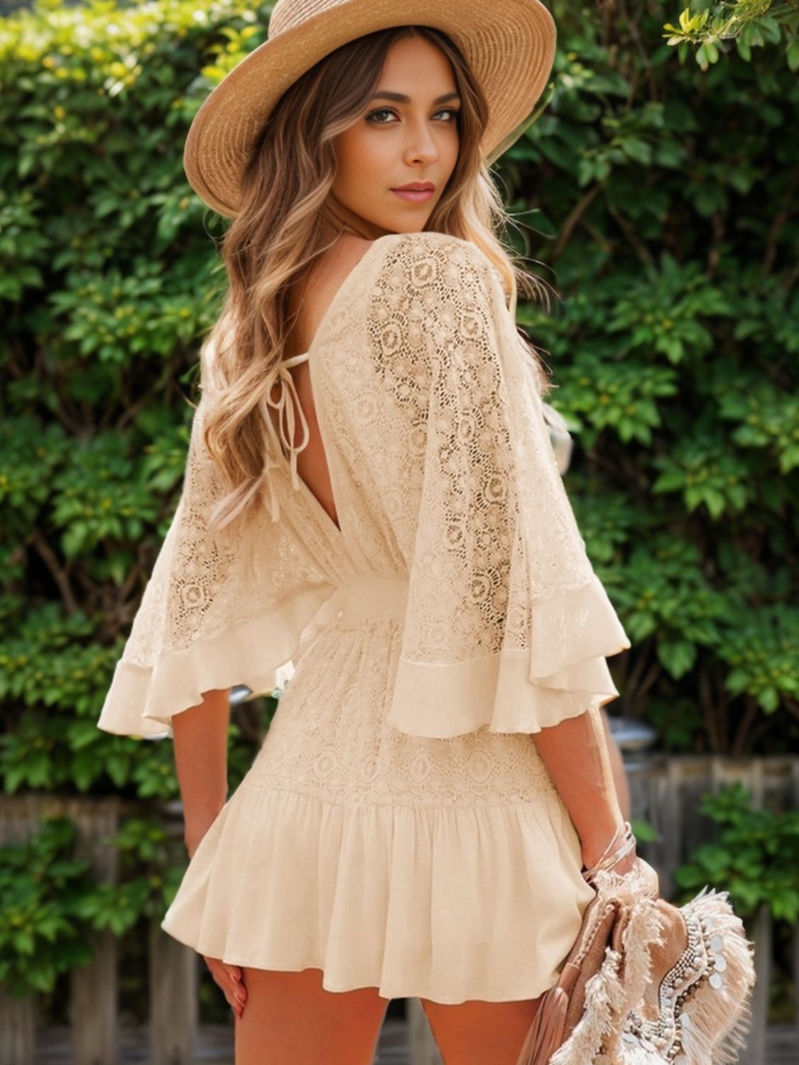 Ruffle Hem Tie Back Lace Mini Dress Trendsi