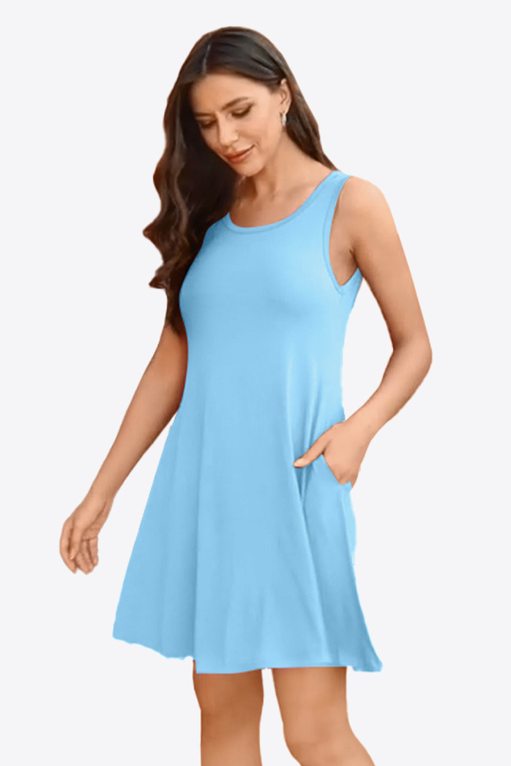 Full Size Round Neck Sleeveless Dress with Pockets Trendsi