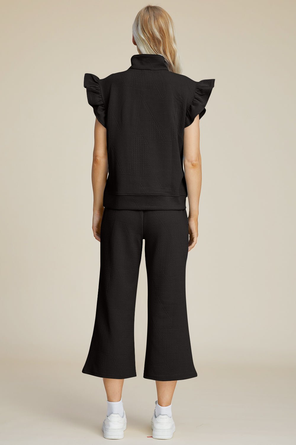 Double Take Full Size Texture Ruffle Short Sleeve Top and Wide Leg Pants Set Trendsi