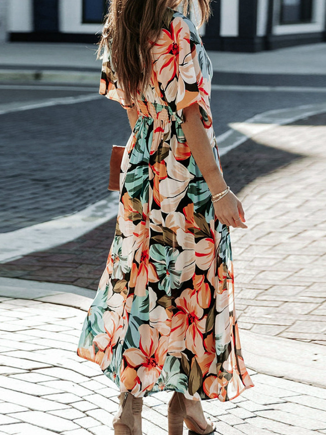 Floral Plunge Half Sleeve Dress Trendsi