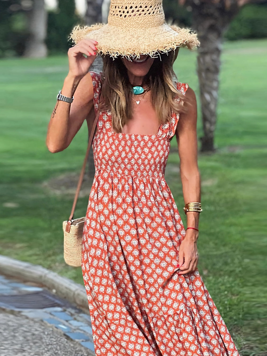 Smocked Printed Square Neck Sleeveless Dress Trendsi