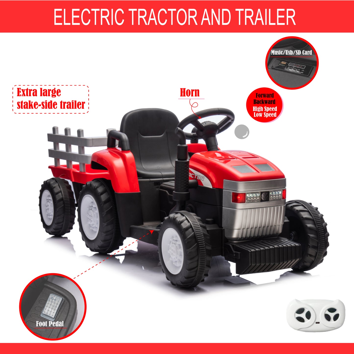 Red, 12V7AH Battery-Powered Toy Tractor with Trailer, Remote Control, Kids' Electric Excavator Vehicles with 2x35W Dual Motor, Treaded Tires, LED Lights, USB, Music, - Gifts for Boy, Girl 6cc08b-1a