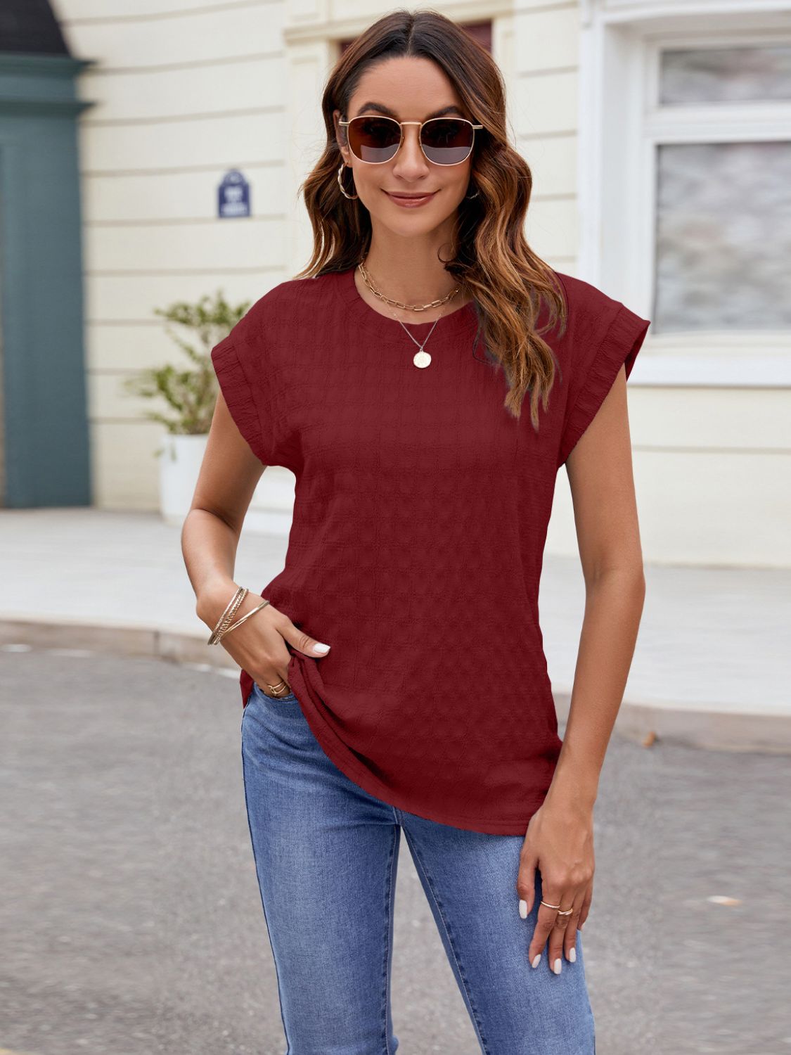 Textured Round Neck Cap Sleeve T-Shirt Trendsi