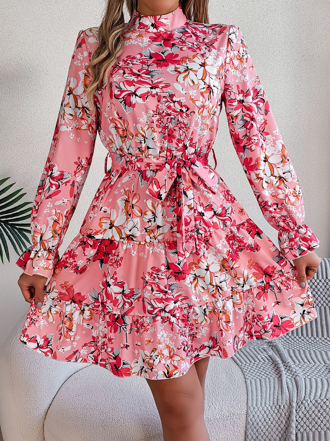 Printed Mock Neck Flounce Sleeve Mini Dress Trendsi