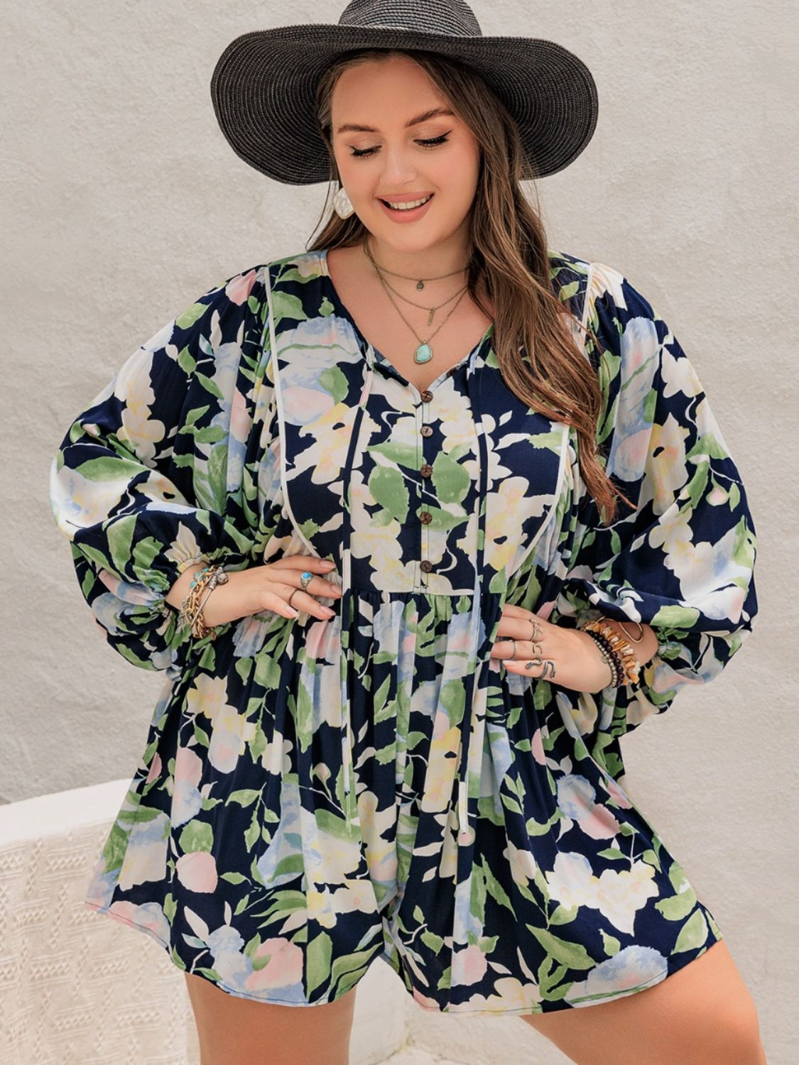 Plus Size Tied Printed Long Sleeve Romper Trendsi