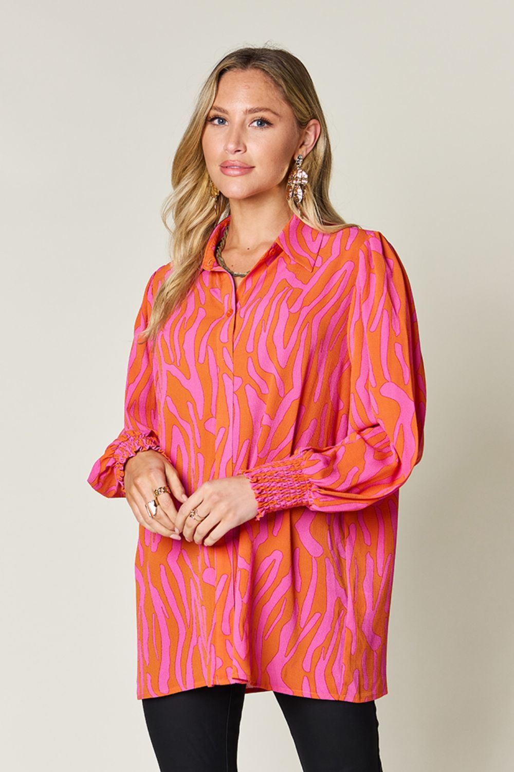 Double Take Full Size Printed Smocked Long Sleeve Blouse Trendsi