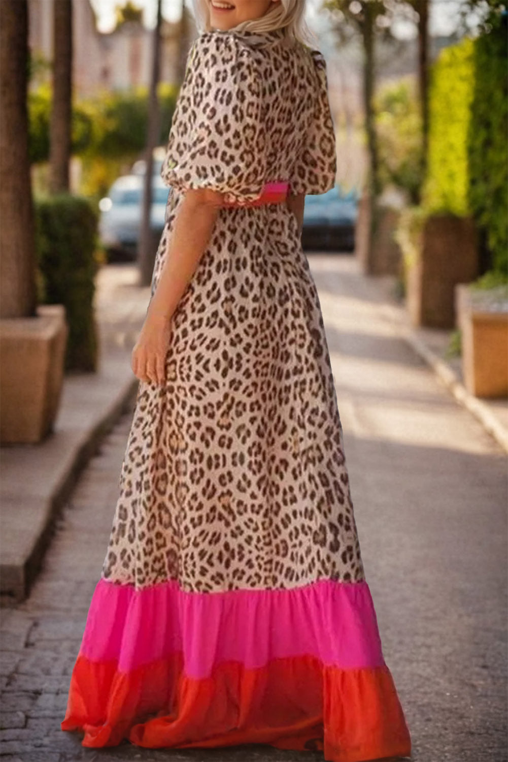 Full Size Leopard V-Neck Half Sleeve Maxi Dress Trendsi