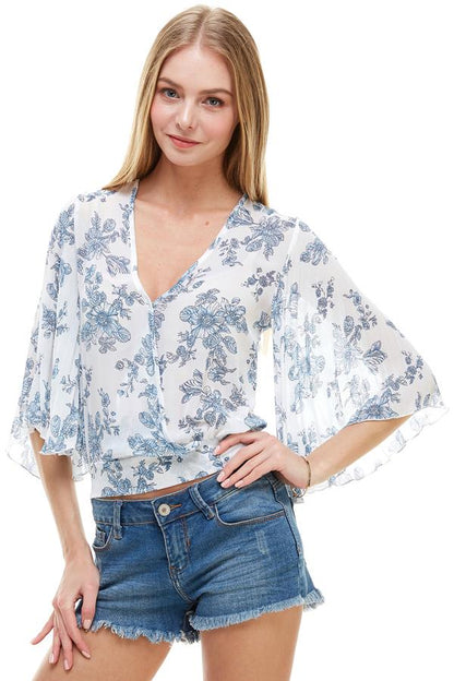 LONG SLEEVE SURPLICE FLORAL TOP Indigo Arrowwood