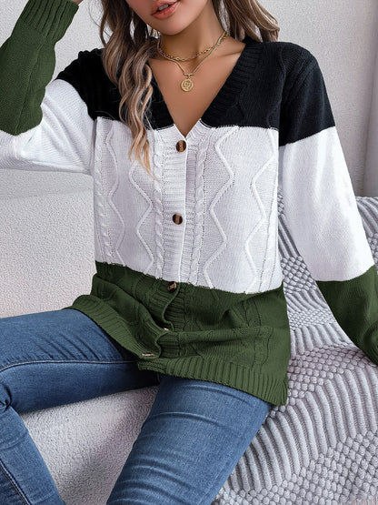 Cable-Knit Striped Button Up Cardigan Trendsi