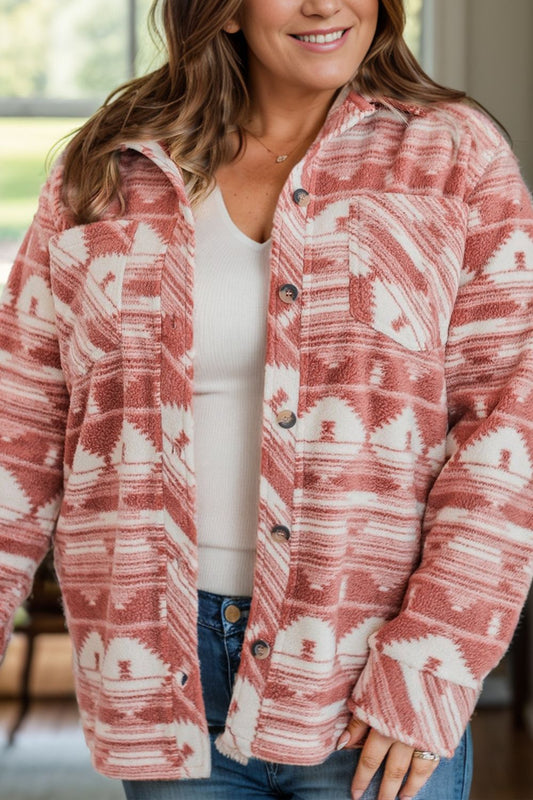 Plus Size Pocketed Printed Collared Neck Jacket Trendsi