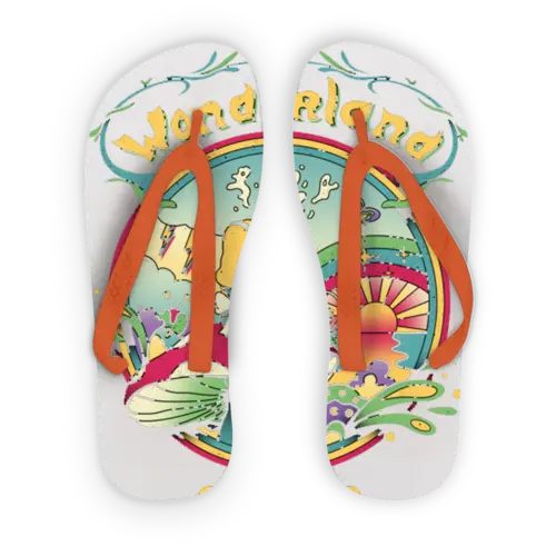 Day Dreamer Adult Flip Flops with colorful printed fabric and orange straps.