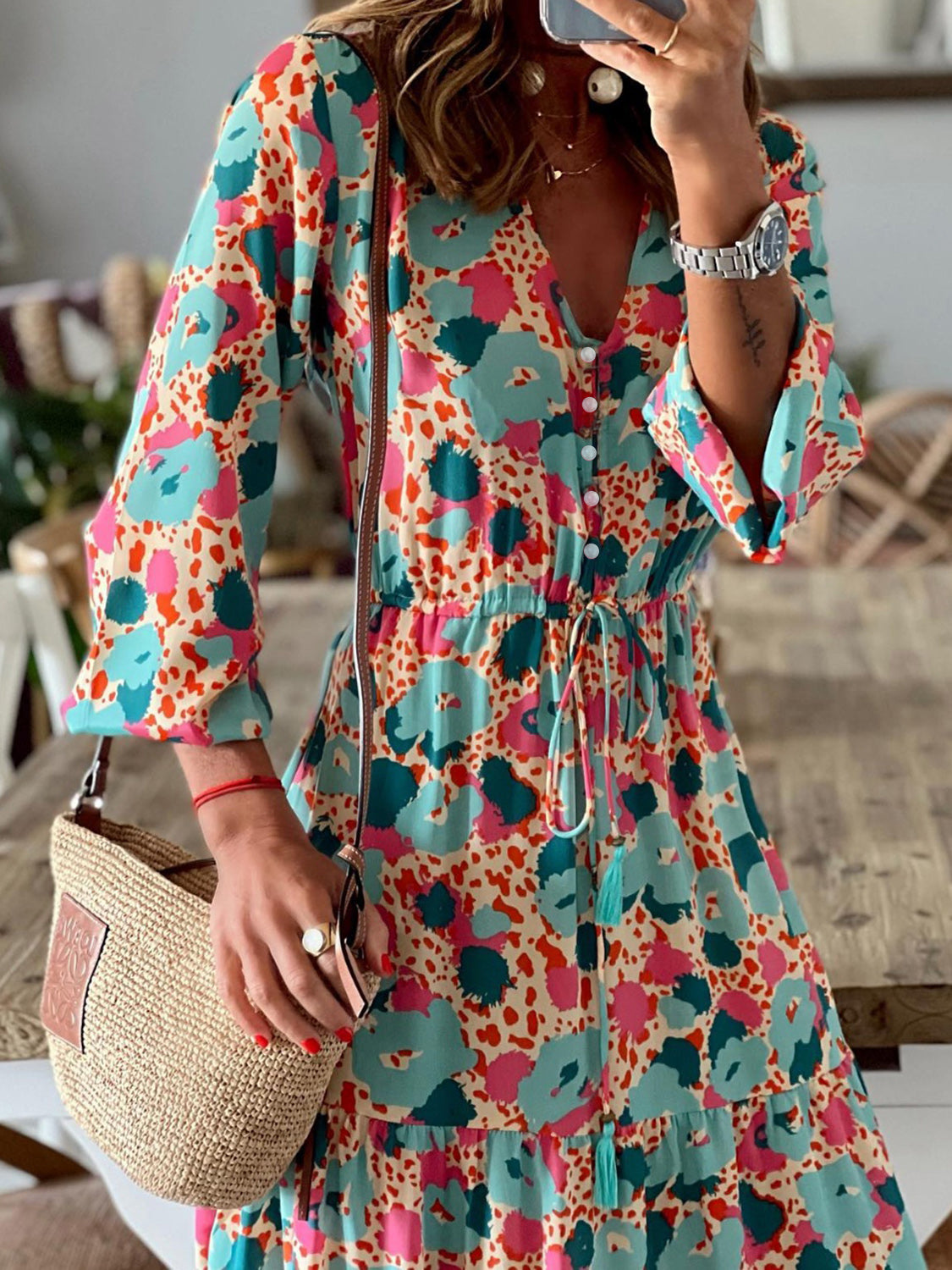 MeiMei Button Up Ruffle Hem Tiered Maxi Dress Trendsi