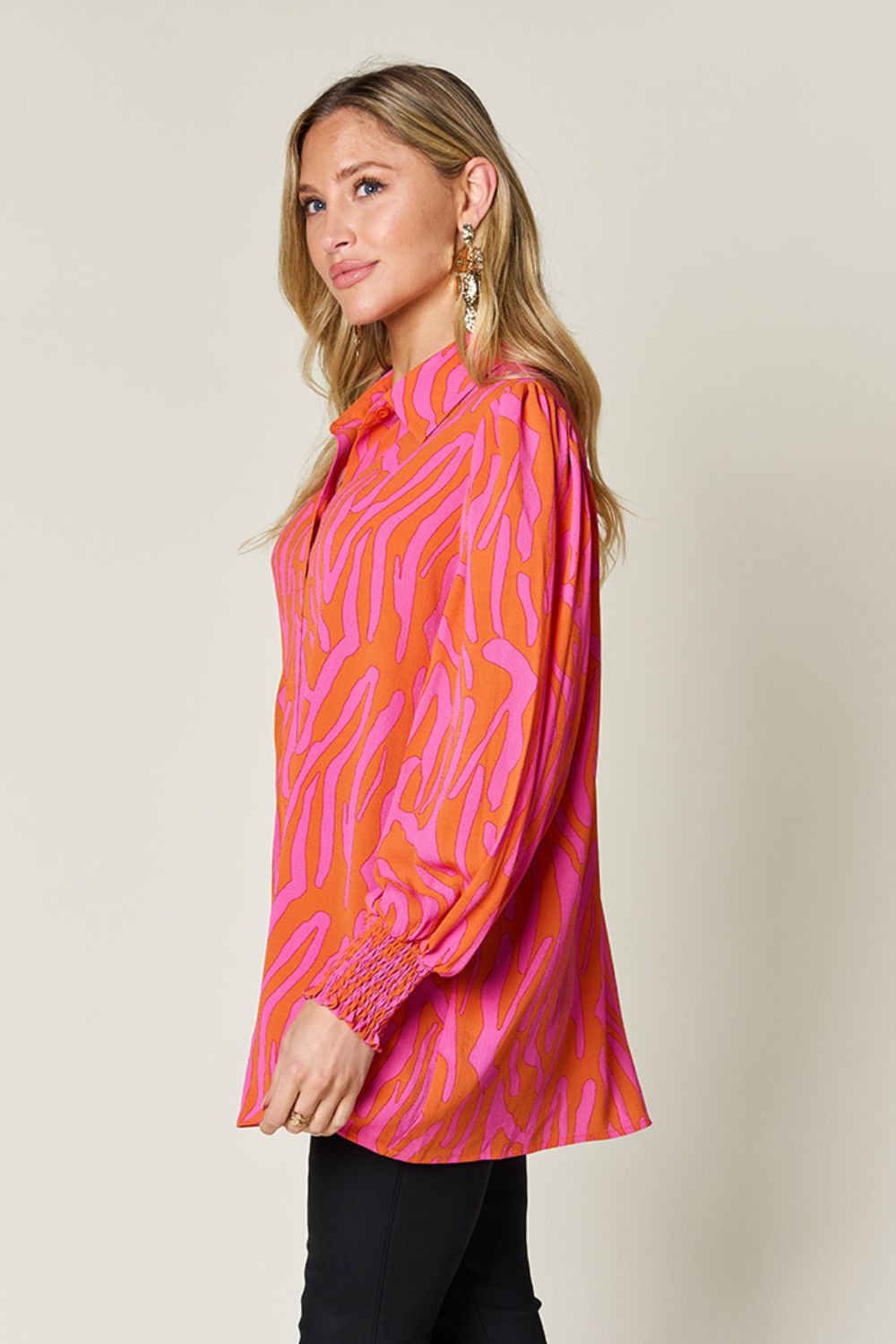 Double Take Full Size Printed Smocked Long Sleeve Blouse Trendsi