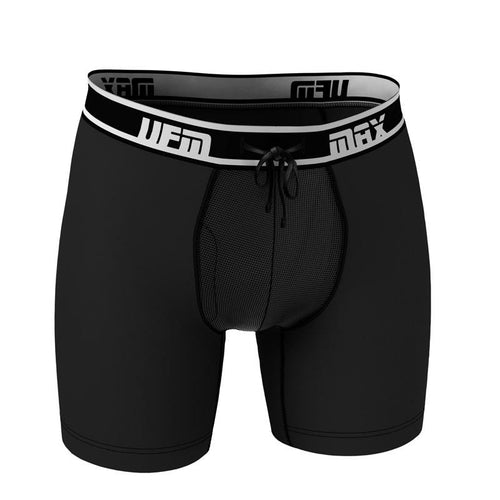 Black UFM Bamboo MAX Support Men's Boxer Briefs with adjustable pouch for enhanced comfort.