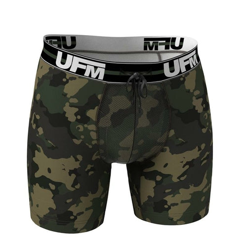 Men's camo boxer briefs with 6-inch length, adjustable pouch, and UFM branding for support and comfort.