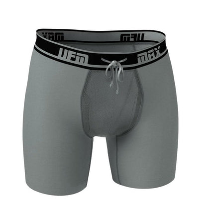 UFM Boxer Brief 6" with Polyester MAX Support for men in gray color, featuring adjustable pouch and drawstring.