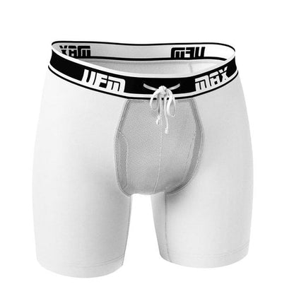 White UFM Boxer Briefs 6" Polyester MAX Support with adjustable pouch and drawstring.