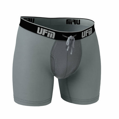 Gray UFM 6-inch polyester boxer briefs with adjustable pouch for REG support.