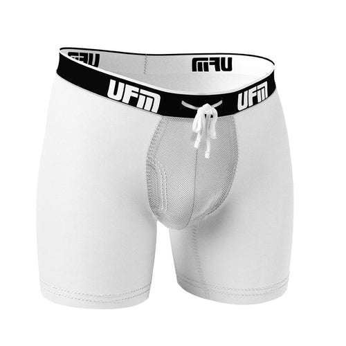 UFM Men's 6" Boxer Brief with Adjustable Pouch, Polyester Spandex, White.