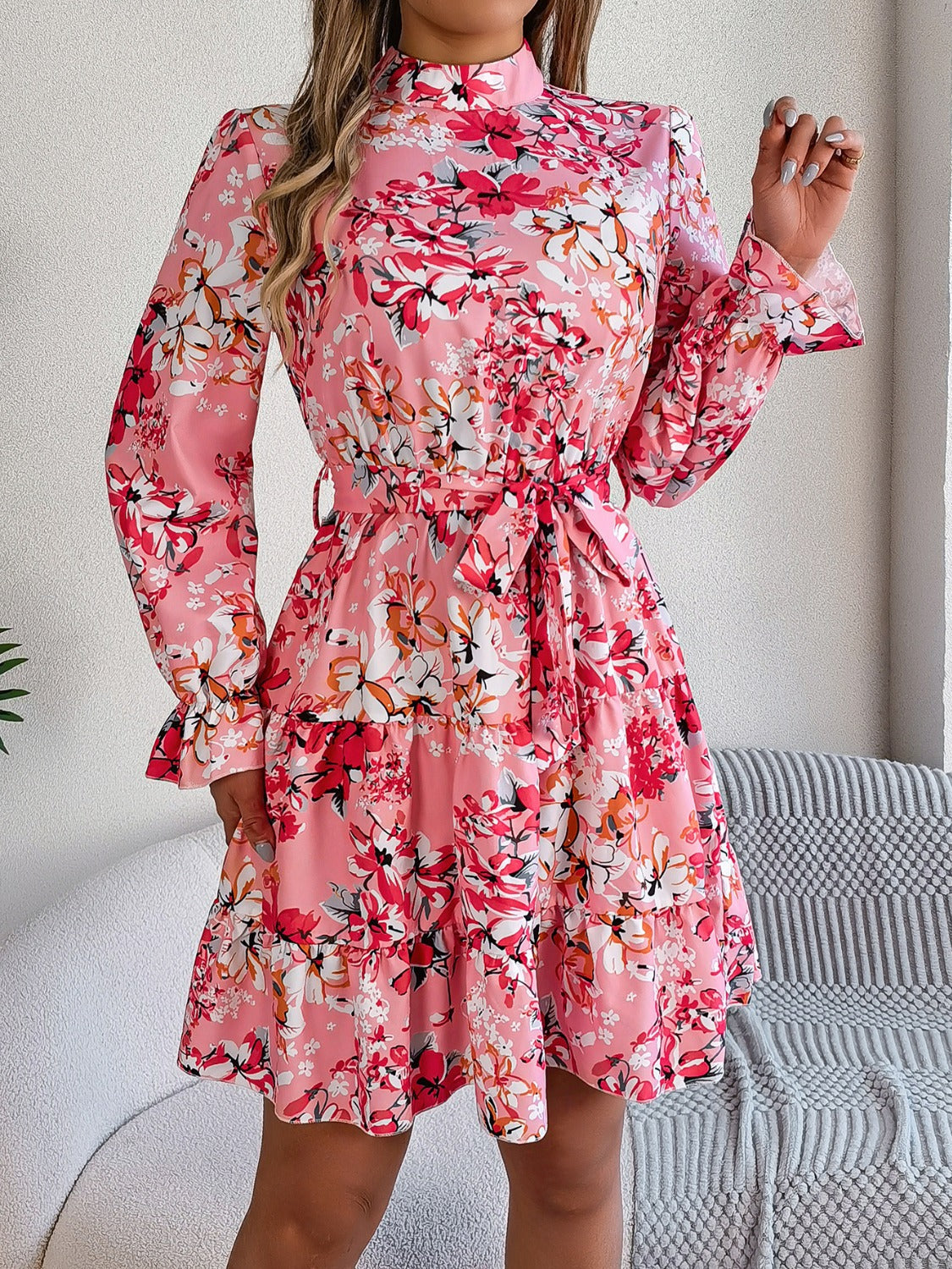 Printed Mock Neck Flounce Sleeve Mini Dress Trendsi